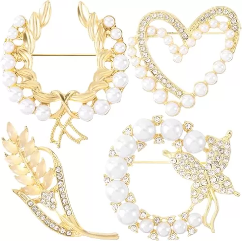 4PCS Women Rhinestone Pearl Brooches, Heart, Butterfly Brooch Jewelry, Gold Plated Alloy Crystal Pins, Elegant Brooch Pins for Shawl, Coats, Dress for Parties, Wedding, Christmas