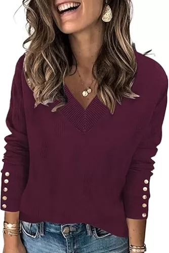 AKEWEI Womens V Neck Sweaters Long Sleeve Lightweight Knit Pullover Tops with Decorative Buttons