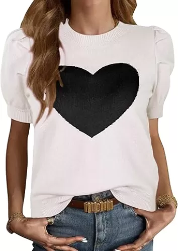Alsol Lamesa Women’s Puff Short Sleeve Heart Sweater Tops Crew Neck Pullover Lightweight Knit Sweaters