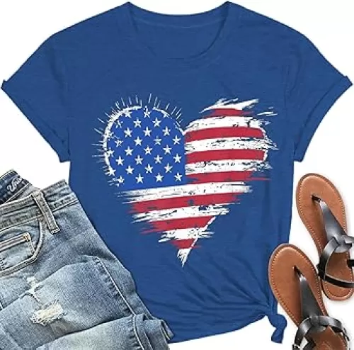American Flag Heart Shirt for Women 4th of July Patriotic Tee USA Flag Tops
