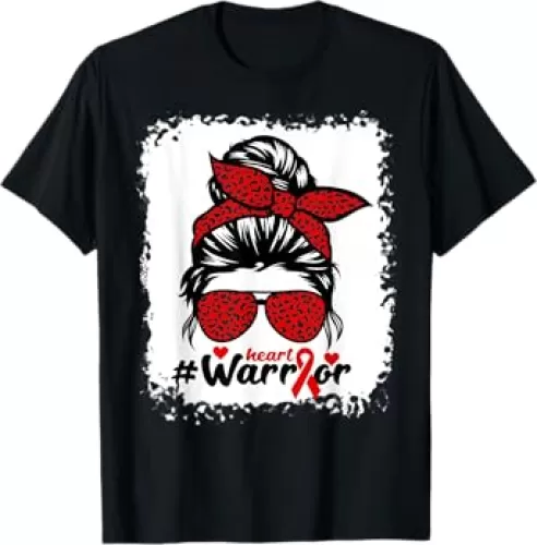 american heart month ribbon Warrior Bleached messy bun T-Shirt