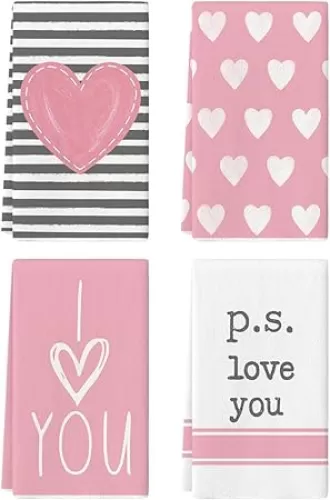 Artoid Mode Pink Heart Stripe I Love You Valentine's Kitchen Towels Dish Towels, 18x26 Inch Anniversary Wedding Decoration Hand Towels Set of 4