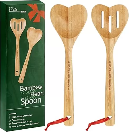 Bamboo Heart Shaped Spoon for Cooking - Wooden Cook with Love Spoon Kitchen Utensils, Valentines Mother