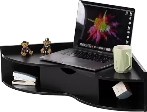 Basicwise Brown Heart Shaped Wall Mounted Office Table with Drawer and Two Shelves Computer Writing Corner Desk, QI004024.BK