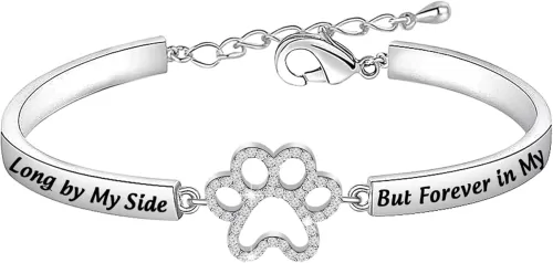 BEKECH Dog Memorial Bracelet No Longer by My Side But Forever in My Heart Crystal Paw Print Bracelet Loss of Pet Jewelry