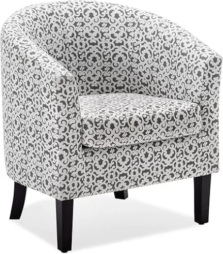 BELLEZE Living Room Chair, Linen Round Accent Barrel Chair, Club Tub Sofa Chair for Bedroom, Corner Chair with Flared Legs and Cozy Soft Padding - Highland (White & Brown)