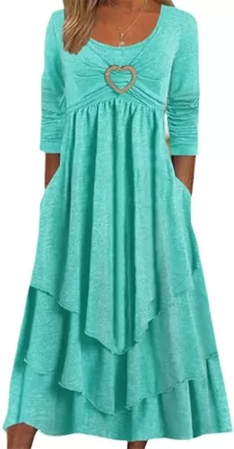 Bengbobar Womens Fall Crewneck Long Sleeve Dress Casual Cute Heart Tiered Swing Ruffle A Line Flowy Maxi Dresses with Pockets