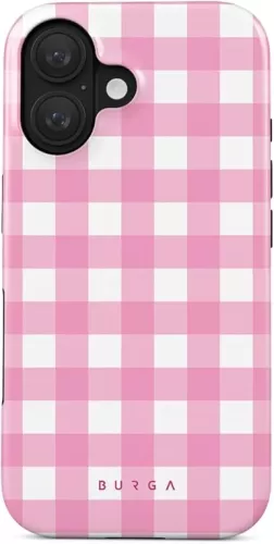BURGA Phone Case for iPhone 16 - Cute, Trendy, Aesthetic, Pattern Phone Cover, Hard Shell Protection - fits Apple iPhone 16 Case for Women and Men, Pink Checkered