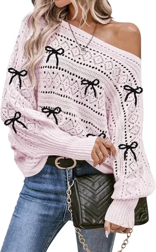 Cakulo Womens Off The Shoulder Sweater Top Fall 2025 Oversized Knit Batwing Long Sleeve Crochet Pullover Sweaters