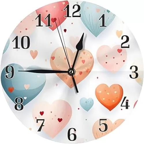 Cartoon Heart Wall Clock 10 Inch Silent Non Ticking, Valentine Love Battery Operated Analog Clocks for Office School Kitchen Home Bedroom Living Room