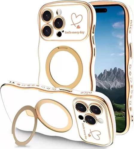 Case for iPhone 14 Pro Max with Magnetic Stand, Luxury Plating Curly Wavy Frame and Cute Heart Pattern, Lens Edge Raised Protection, Slim Shockproof Soft Case for iPhone 14 Pro Max-White