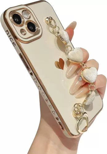 Caseative for iPhone 13 Case, Cute Plating Love Heart Wrist Strap Chain Bracelet Phone Case (White)