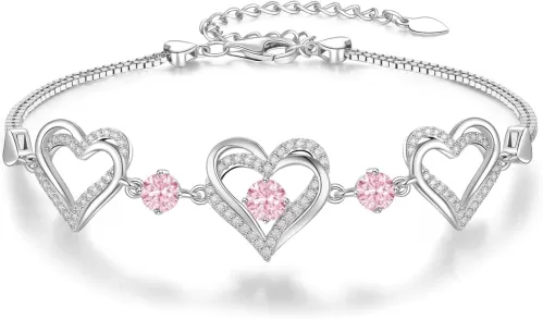 CDE Forever Love Heart Charm Link Bracelet for Women, 925 Sterling Silver Birthstone Bracelet Mother