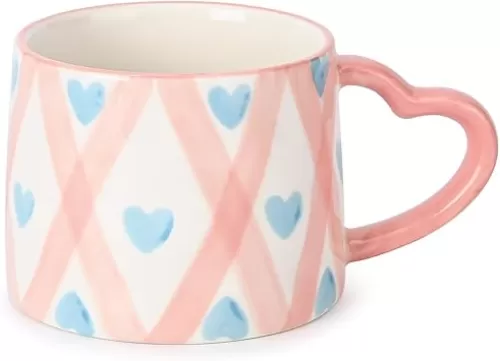 Ceramic Coffee Mugs, Heart Shaped Handle Espresso Cups Cute Mug for Women, 8.5 oz/250 ml Creative Tea Cappuccino Cup for Latte Tea Milk (Yellow Grid)