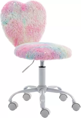 chairus Kids Desk Chair Faux Fur Study Chair for Teenage Girls, Adjustable Heart Shaped Kids Vanity Chair for Bedroom Reading Living Room, Small Cute Student Task Chair with White Foot, Colorful