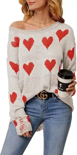 Chang Yun Women Off Shoulder Knitted Pullovers Sweater Loose Long Sleeve Hearts Printed Ripped Tops