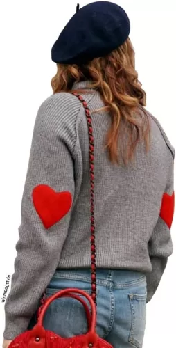 CHICWISH Women Comfy Casual Long Sleeve Heart Shape Patched Grey/White/Navy Knit Top Pullover Sweater