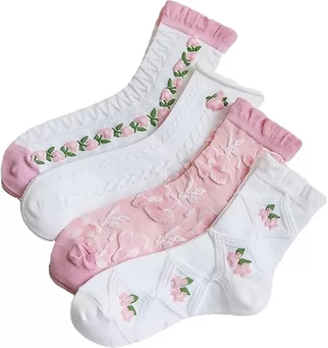 CHUNFO Cute Pink White Floral Women Ankle Sock Stripe Lettuce Trim Knitted Comfy Embroidered Girl Sock Gift 4 & More Pairs