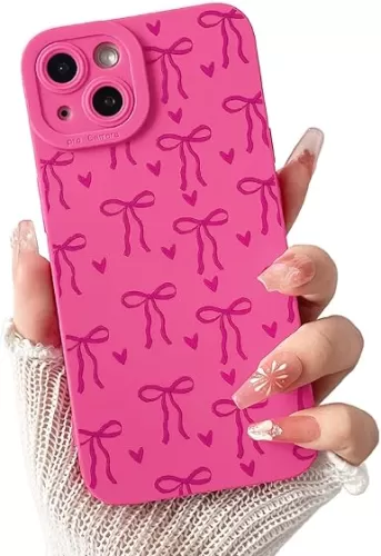 Compatible for iPhone 13 Case Cute Cool Ribbon Bowknot Heart Design for Girls Women Soft TPU Shockproof Protective Girly for iPhone 13 Case-Hot Pink