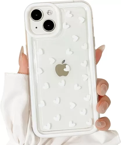 Compatible for iPhone 13/14 Case Cute Clear Heart with More Bumper Protector for Girls Women Soft TPU Shockproof Protective Girly for iPhone 13/14-Small White Heart