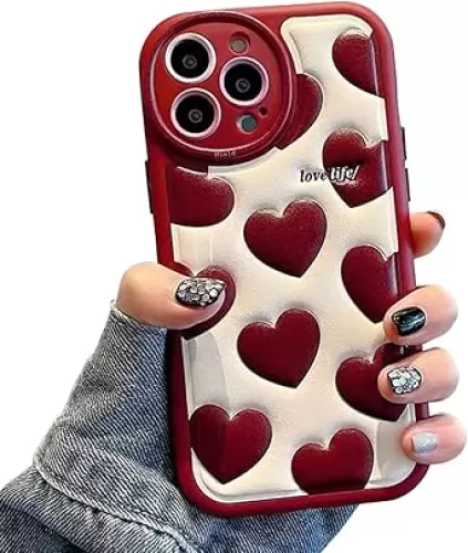 Compatible for iPhone 15 Pro Max Phone Case, Kawaii Cute Case Red Heart Silicone 3D Cover Strap Soft TPU Shockproof Protective for Kids Girls and Womens