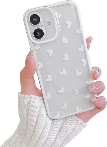 Compatible with iPhone 16 Case Cute Clear White Love Heart Pattern for Girls Women, Soft TPU Shockproof Protective Designed for iPhone 16 Case-White