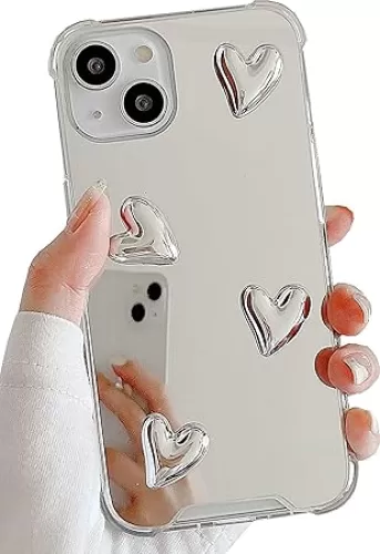 Compatible with iPhone 16 Pro Max case, Mirror Senior Silver Cute Heart Soft Silicone Clear Makeup Mirror Women Girls Shockproof Protect Cover Case for iPhone 16 Pro Max