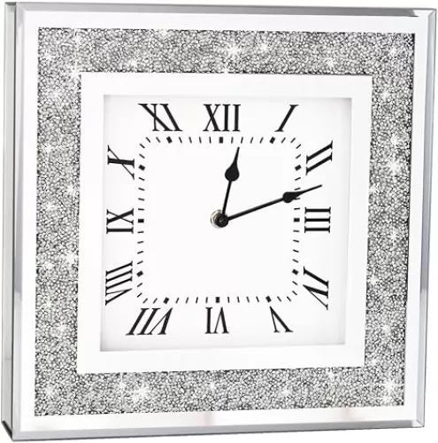 Crystal Crush Diamond Mirrored Square Wall Clock with Sparkle Twinkle Bling Diamond Decor for Wall Decoration, 16x16 inch Decorative Silver Mirror Quartz Clock for Home Decor. AA Battery not included