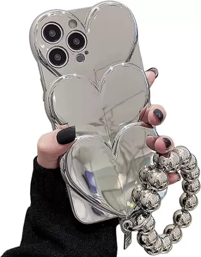 Cute Case Compatible with iPhone 14 Pro 6.1'', 3D Cartoon Heart Case with Lovely Bracelet Chain Camera Protector Case Plating Soft TPU Shockproof Protective for Women & Girls (Silver