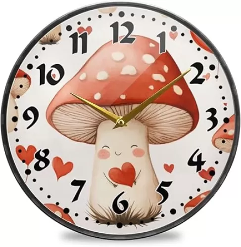 Cute Heart Mushroom Wall Clock 9.5 Inch Silent Non Ticking Battery Operated Analog Clocks for Office, Home, Kitchen, Bedroom, School, and Living Room Decor