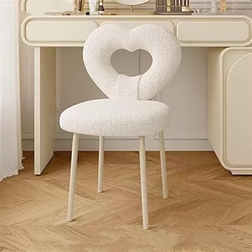 Cute Vanity Chair with Heart Shaped Back Round Upholstered Makeup Chair Comfy Faux Fur Accent Desk Chair with Metal Legs Chair for Bedroom Living Room Makeup Room(White)