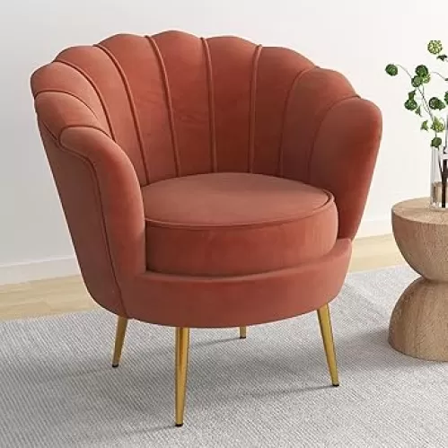 DAGONHIL Mid Century Modern Upholstered Accent Chair, Petal Vanity Chair, Retro Leisure Velvet Single Sofa with Golden Metal Legs for Living Room/Bedroom/Makeup Room, Rose Pink