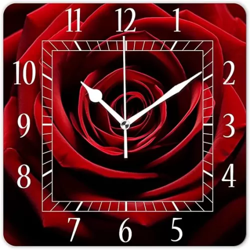 Decorative Wall Clock 10 Inch Silent Square Clocks for Home Living Room Kitchen, A Red Rose Lovely