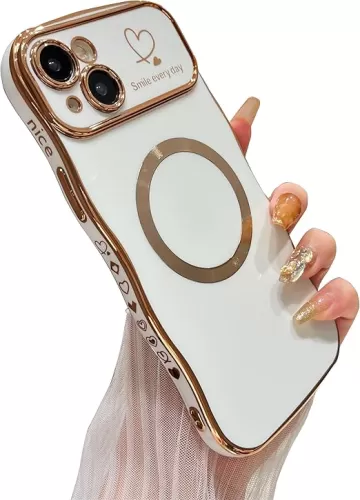 DEFBSC Magnetic Case for iPhone 14 Work with Magsafe, Curly Wave Shape Plating Frame Cute Love Heart Cover, Full Camera Lens Protection Soft Durable TPU Shockproof Case, White