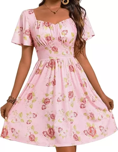 DIRASS Women Easter Summer Bridal Shower Floral Sweetheart Square Neck Corset Mini Flutter Sleeve Sun Dress with Pockets