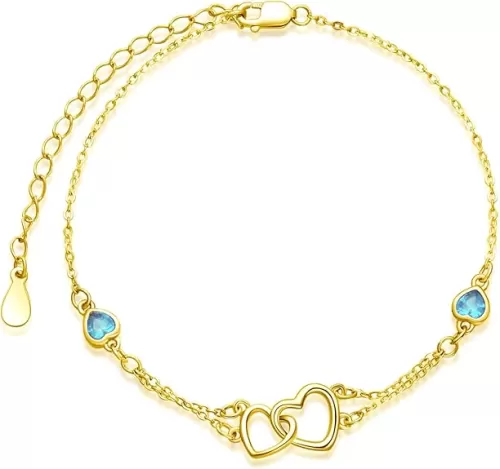 Dorunmo Anklet/Bracelet for Women 925 Sterling Silver Birthstone Jewelry Cubic Zirconia Double Heart Chain Jewelry for Mom Wife Friend Bride Valentine