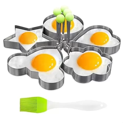 Egg Pancake Rings, 5pcs Fried Egg Molds in Star, Round, Heart Different Shaped, Stainless Steel Omelette Frying Cooking Tools Kitchen Accessories Gadget Rings, with a Silicone Pastry Brush, Set of 5