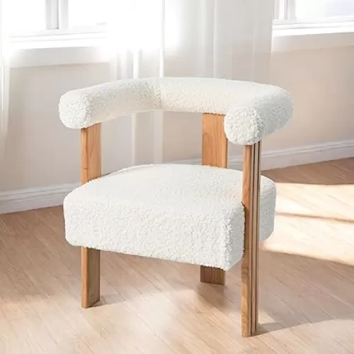 Elegant Mid-Century Modern Barrel Accent Chair, Upholstered with Teddy Fabric, Comfortable Seating for Kitchen and Living Room, White