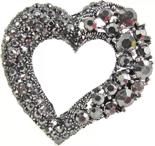 Elegant Women's Heart Brooch pin Designed with All Hematite Gray Crystals. Women's Crystal Heart pin Brooch Jewelry.