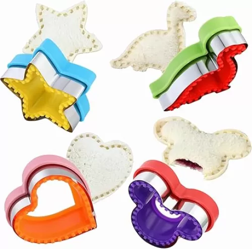Elfkitwang Sandwich Cutter and Sealer Set, 4 Pcs Bread Sandwich Decruster Pancake Maker DIY Cookie Cutters for Kids Bento, Heart Dinosaur Star Mouse Shapes Mold.