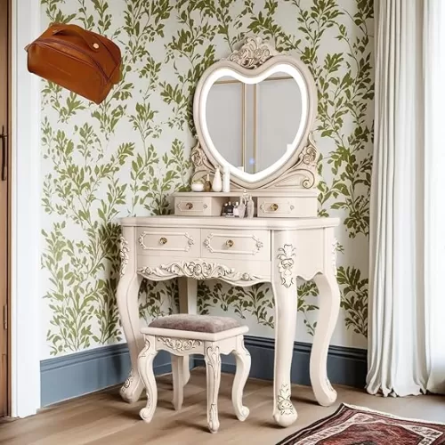 European Vintage Dressing Table, Vanity Desk with Heart-Shaped Smart Mirror, 3 Lighting Modes, 1 Stool, Pack of Cosmetic Bag