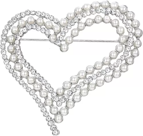 EVER FAITH Bridal Silver-Tone Dual Simulated Pearl Heart Clear Austrian Crystal Brooch