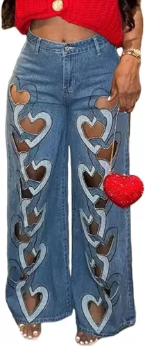 Famnbro Womens Ripped Jeans Heart Cutout Baggy Y2k High Waisted Straight Wide Leg Sexy Denim Pants Blue