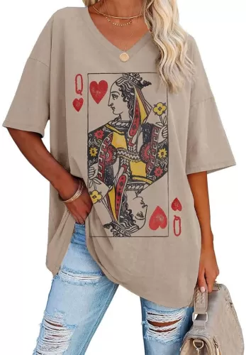 Fazortev Womens Oversized Queen Of Hearts Graphic T Shirts Casual V Neck Half Sleeve Summer Loose Tees Tunic Tops Khaki