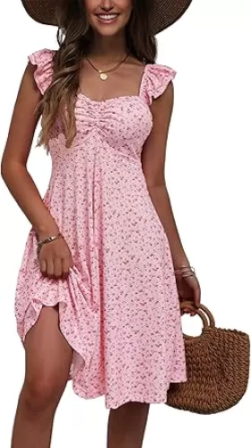 FENSACE Summer Cute Sweetheart Neckline Sundresses Ruffle Sleeve Floral Knee Length Dress