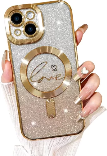 Fiyart Designed for iPhone 15 Case, Compatible with MagSafe Love Heart Plating Camera Protection TPU Magnetic Glitter for Women Girls Shockproof Phone Bumper 6.1"-Gold