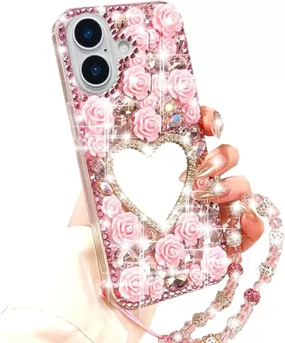 for iPhone 16 Glitter Bling Case, Cute Girly 3D Sparkle Heart Makeup Mirror Crystal Rhinestones Flowers Diamond Gems Pearl with Lanyard Wrist Strap Women Girls Case for iPhone 16 6.1" (Pink)
