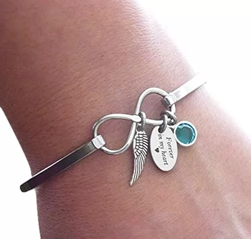 Forever in my Heart Bracelet - Angel Wing Bracelet - Infinity Bangle - Birthstone Bracelet - Memorial Gifts - Sympathy Gifts - Miscarriage Gifts - Remembrance Gifts - Bereavement Gifts - for Eternity