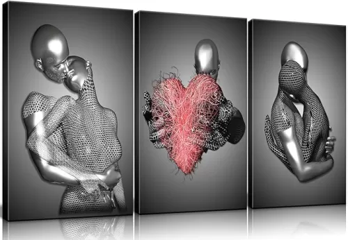 Framed 3 Pcs Love Heart 3d Wall Art Metal Sculpture Romantic Couple Hug Abstract Art Prints Posters Decor Grey Black and White Canvas Printsfor Bedroom Living Room Bathroom Hotel Valentine'S Day