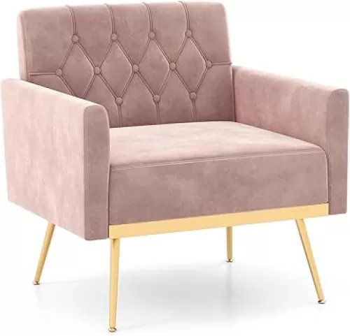 Giantex Modern Velvet Accent Chair - Mid-Century Upholstered Single Sofa Chair w/Button Tufted Back, Golden Metal Legs, Adjustable Foot Pads, Comfy Living Room Armchair for Bedroom, Pink